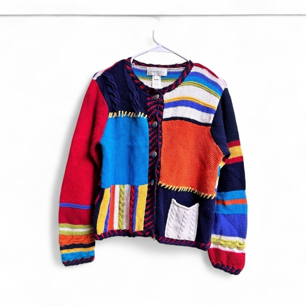 Susan Bristol Vintage Hand Knit Patchwork Cardigan Sweater Colorful Striped S